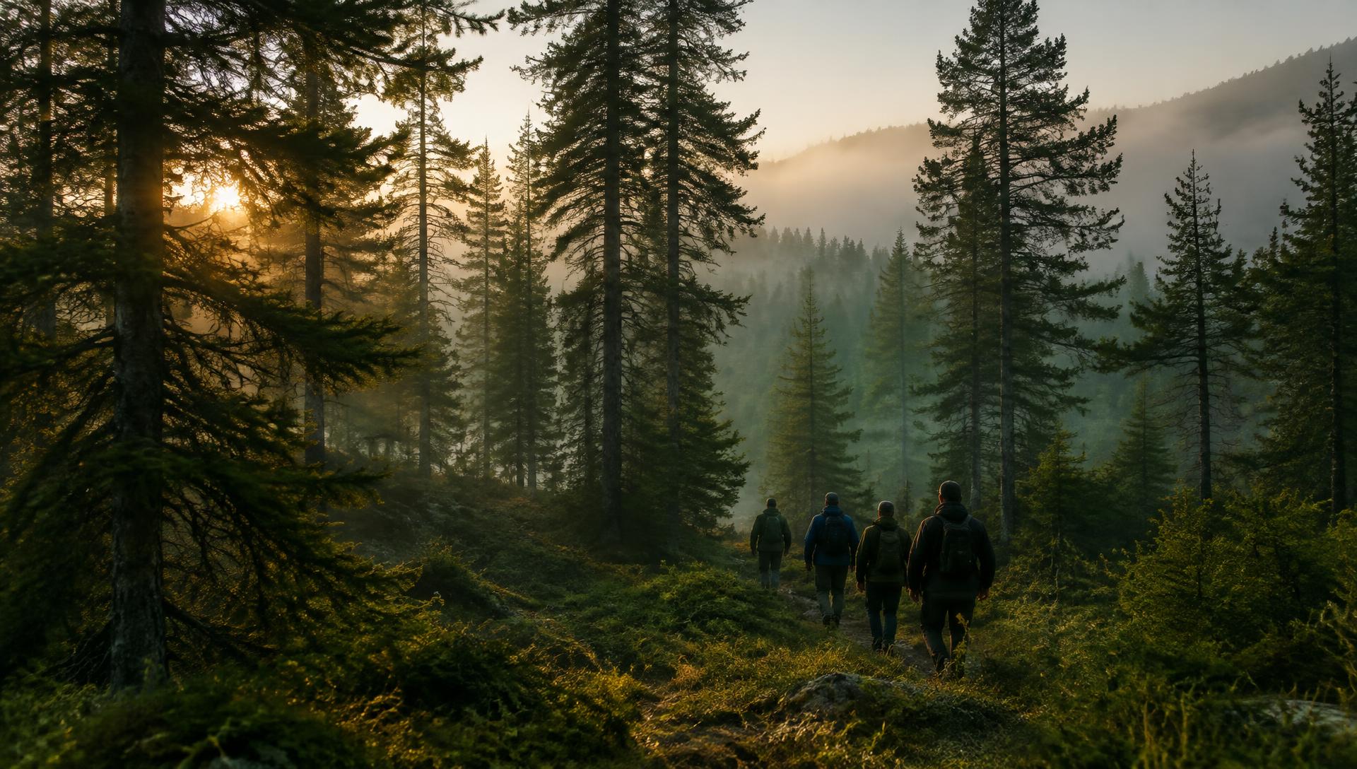 Männer wandern im Morgennebel durch einen Wald
